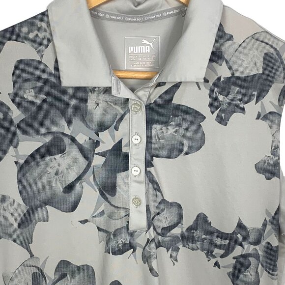 Puma Golf Shirt M Polo Top Athletic Gray Floral Print Short Sleeve DryCELL - Picture 3 of 12